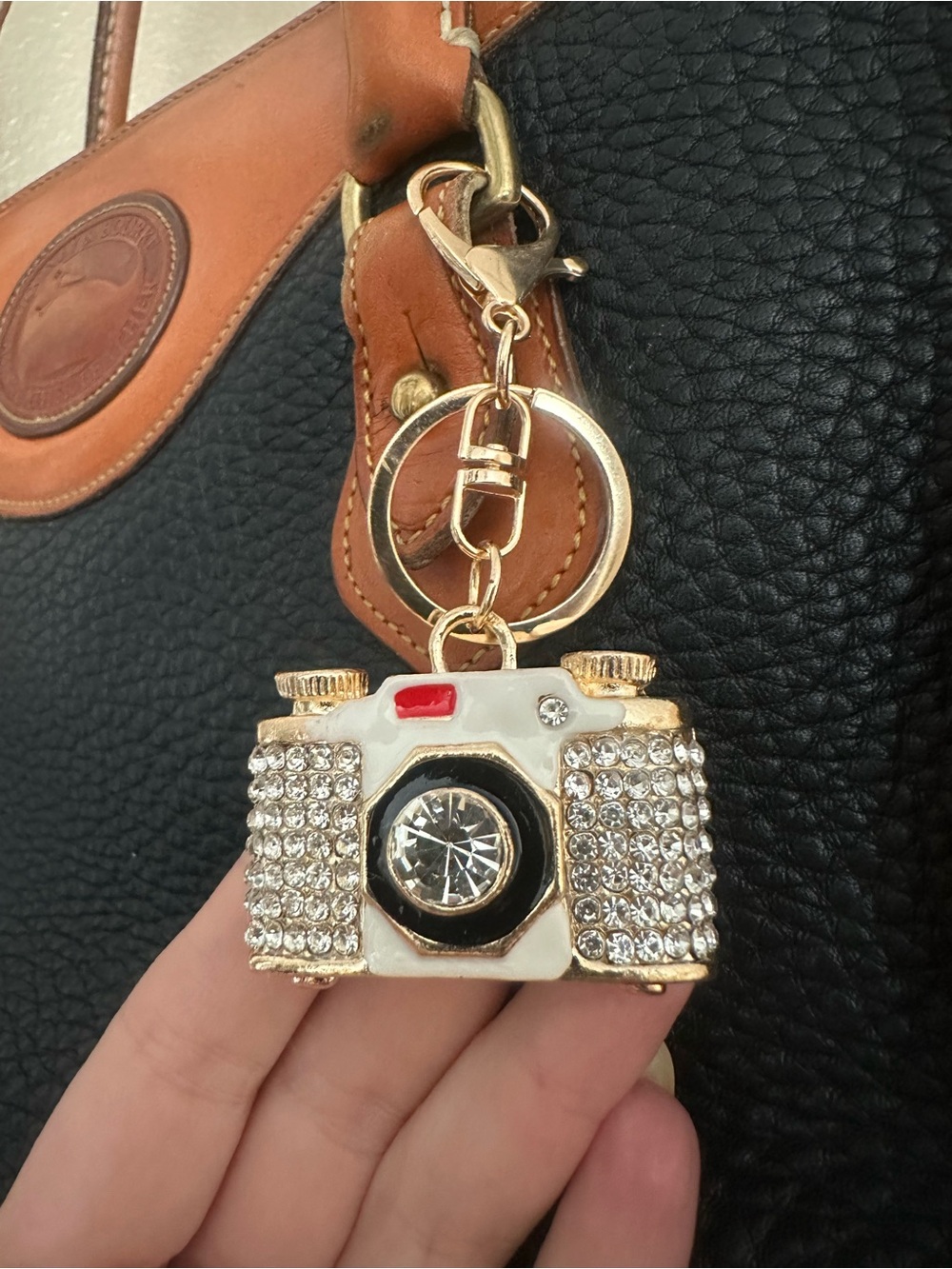 Rhinestone Camera Keychain Charm - White & Gold
